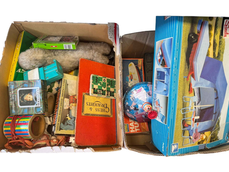 Five boxes of toys, games, action figures, etc.