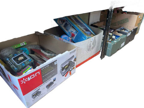 Five boxes of toys, games, action figures, etc.