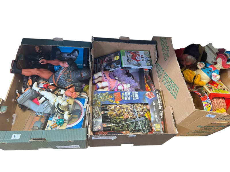 Five boxes of toys, games, action figures, etc.