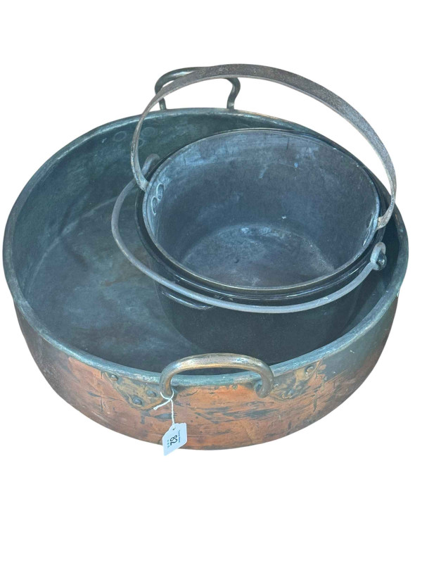 Large copper two handled fish pan and two jam pans.