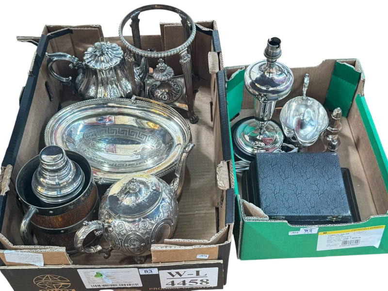 Collection of silver plate including two teapots, cocktail shaker, cutlery, lamp, etc.