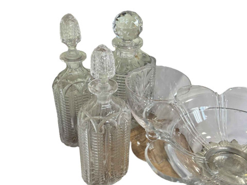 EPNS and glass centre piece, three decanters, engraved jug and large stemmed glass. thumbnail