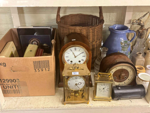 Collection of postcards, cigarette cards, FDC's, Cottage china, boxed Worcester commemorative cups and saucers, clocks, books, china, glass, two wall mirrors, etc. thumbnail