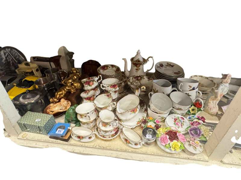Large collection of tea and dinnerwares including Royal Albert Old Country Roses, Worcester Evesham, etc, Doulton Wayfarer figure, Coalport figures, Wedgwood, china and glass, model cars, pictures, etc.