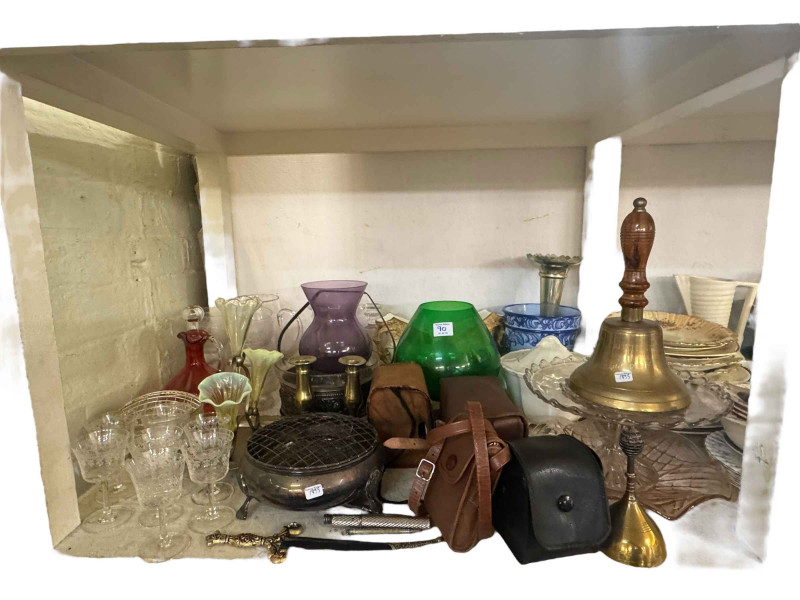 Cased microscope, two mounted silver coins including Morgan dollar, vases, teawares, china, vaseline epergne, ruby glass decanter, glass and metalwares.