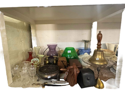 Cased microscope, two mounted silver coins including Morgan dollar, vases, teawares, china, vaseline epergne, ruby glass decanter, glass and metalwares. thumbnail