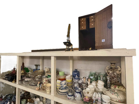 Cased microscope, two mounted silver coins including Morgan dollar, vases,...