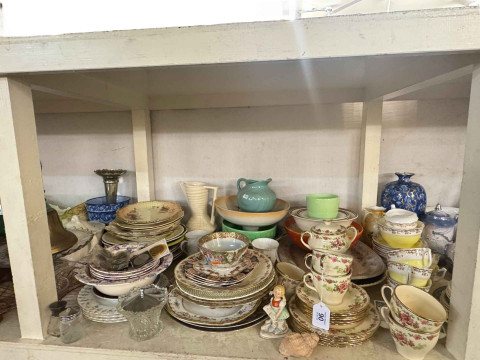 Cased microscope, two mounted silver coins including Morgan dollar, vases, teawares, china, vaseline epergne, ruby glass decanter, glass and metalwares. thumbnail