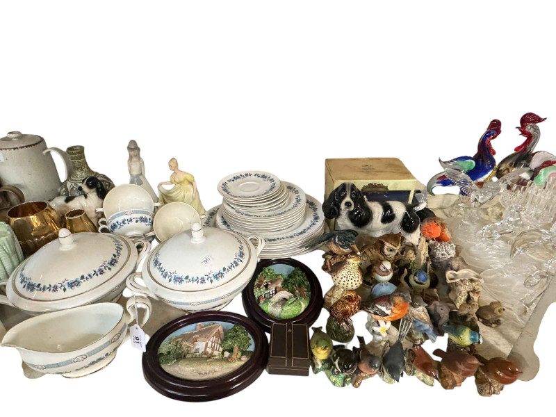 Beswick birds, Doulton figures, Wedgwood Jasper, dinner service, Denby teaware, glassware, etc.