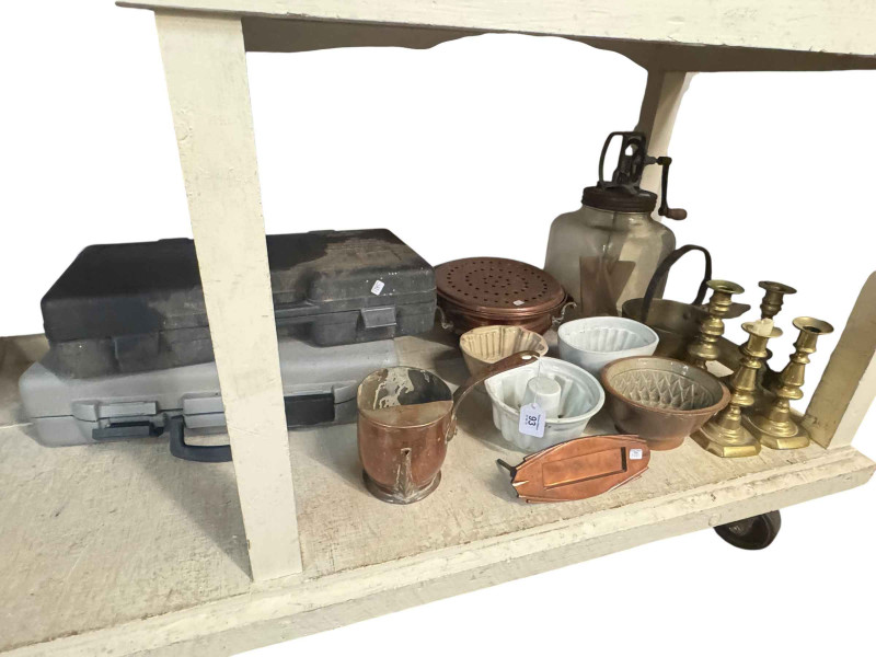 Kitchenalia to include four jelly moulds, butter churn, brass and copper and two level kits.