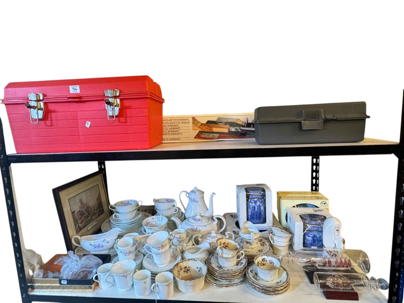 Aynsley Little Sweetheart table wares, boxed Ringtons, coinage, Work Mate, tool boxes, etc.