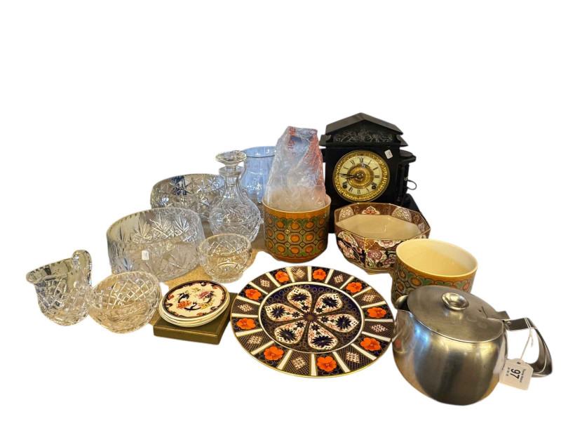Victorian slate mantel clock, Crown Derby plate, Masons Penang bowl, Hornsea jars, glass, etc.