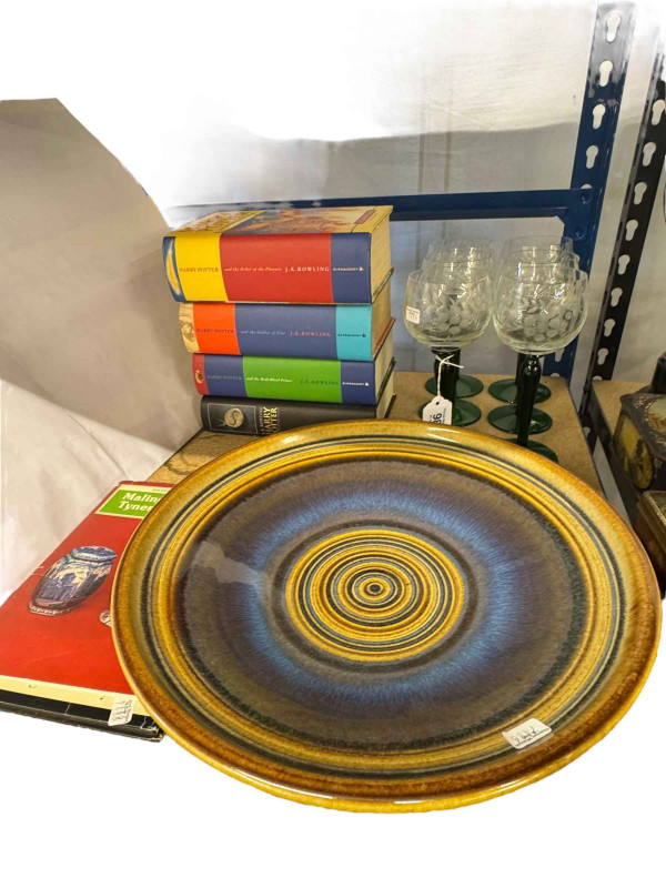Four First Edition Harry Potter books, two Maling reference books, Denby bowl and six hock glasses.