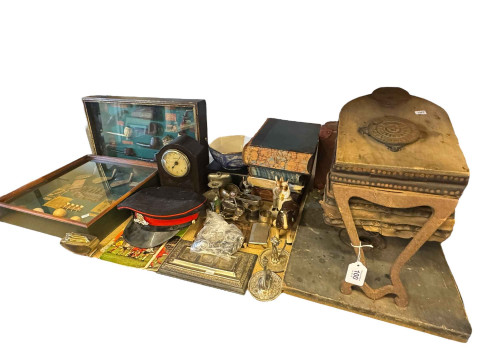 Foot bellows, military cap and buttons, framed novelties, etc.