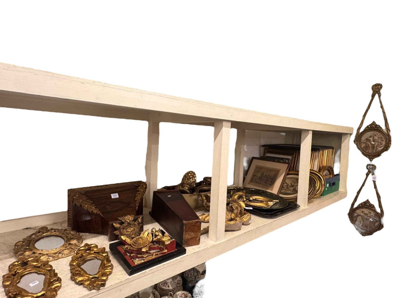 Collection of framed prints, antique rosewood and gilt metal bracket, antique candle box, gilt mouldings, mirrors, tin trays, etc.