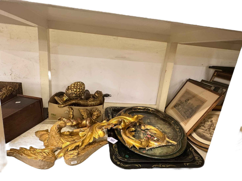 Collection of framed prints, antique rosewood and gilt metal bracket, antique candle box, gilt mouldings, mirrors, tin trays, etc.