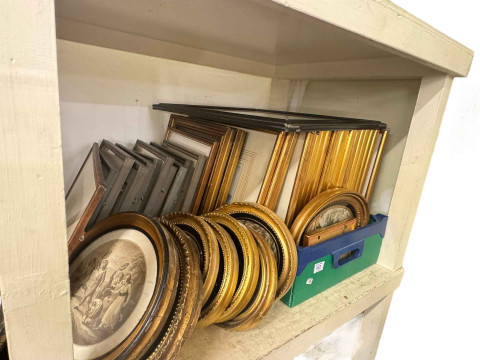 Collection of framed prints, antique rosewood and gilt metal bracket, antique candle box, gilt mouldings, mirrors, tin trays, etc. thumbnail