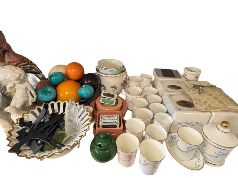 Rockingham teaware, Victorian hand painted dessert plates, antique glassware including pair lustre drop candlesticks, bird figures, Royal Worcester coffee cups and saucers, china, etc.