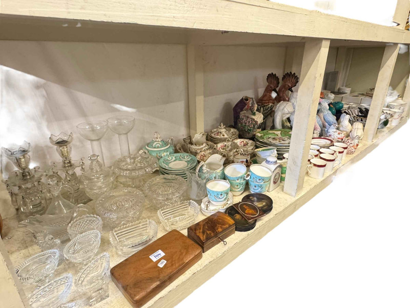 Rockingham teaware, Victorian hand painted dessert plates, antique glassware including pair lustre drop candlesticks, bird figures, Royal Worcester coffee cups and saucers, china, etc.