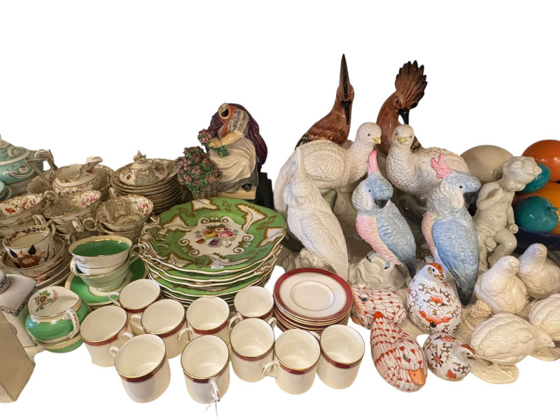 Rockingham teaware, Victorian hand painted dessert plates, antique glassware including pair lustre drop candlesticks, bird figures, Royal Worcester coffee cups and saucers, china, etc.