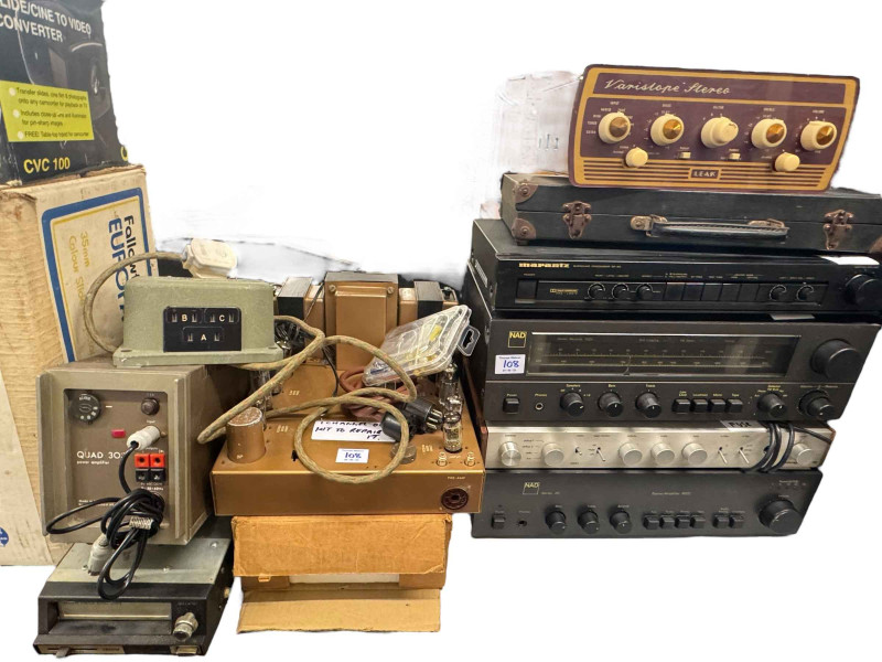 Large collection of audio equipment to include cassette decks, amplifiers, etc, field wireless, projectors, etc. Please note: The lot is sold as seen, no guarantees provided on the conditions with this lot.