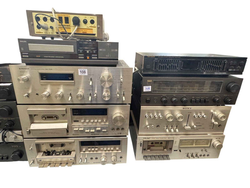 Large collection of audio equipment to include cassette decks, amplifiers, etc, field wireless, projectors, etc. Please note: The lot is sold as seen, no guarantees provided on the conditions with this lot.