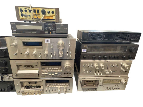 Large collection of audio equipment to include cassette decks, amplifiers, etc, field wireless, projectors, etc. Please note: The lot is sold as seen, no guarantees provided on the conditions with this lot. thumbnail