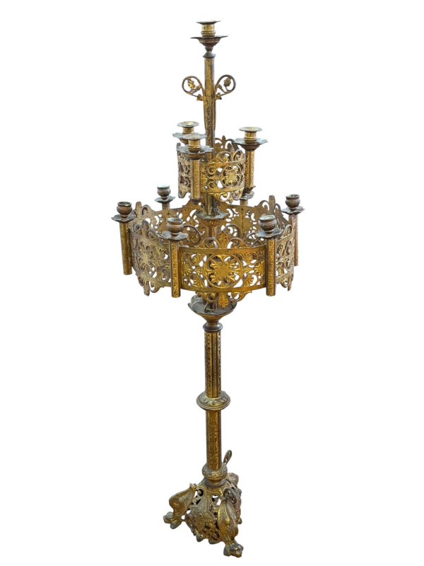 Ornate gilt metal Gothic two tier candle stand.