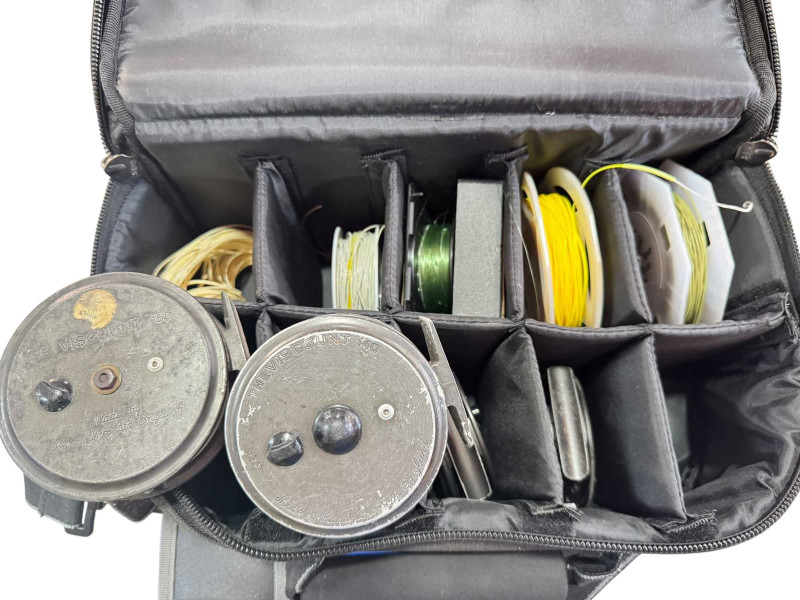 Five fly fishing rods, four Hardy reels, line spools, hooks, etc.