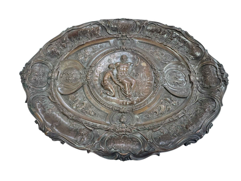 Victorian copper tray with elaborate relief decoration with inscription for 'The Antique & Modelling Students of The Birmingham School of Art' MDCCCLXI.