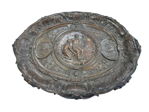 Victorian copper tray with elaborate relief decoration with inscription...