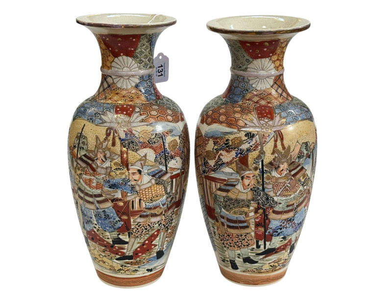 Pair of Japanese Satsuma vases decorated with warriors, 40cm high.