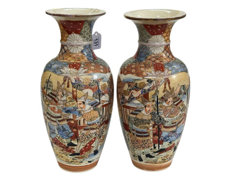 Pair of Japanese Satsuma vases decorated with warriors, 40cm high.