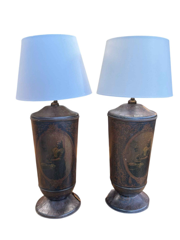 Pair of vintage style tin table lamps with silk shades.