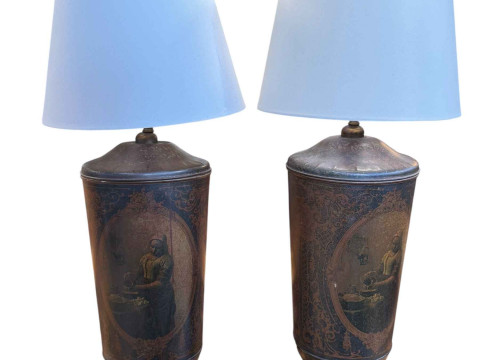 Pair of vintage style tin table lamps with silk shades.