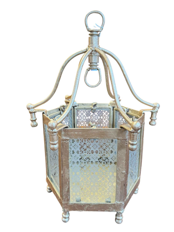 Gilt metal hexagonal light fitting with etched glass panels.