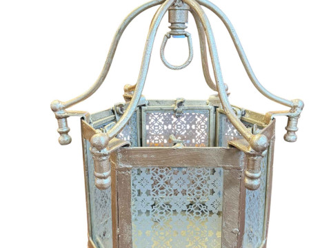 Gilt metal hexagonal light fitting with etched glass panels.