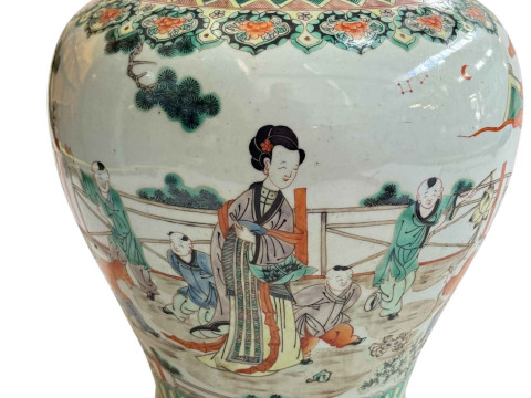 Large antique Chinese famille verte/rose vase with continuous decoration of female and boy figures, 30cm. thumbnail