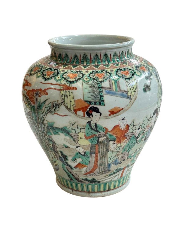 Large antique Chinese famille verte/rose vase with continuous decoration of female and boy figures, 30cm.