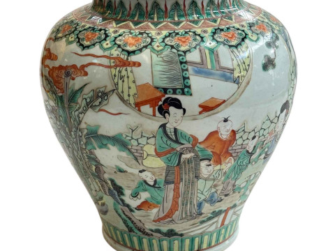 Large antique Chinese famille verte/rose vase with continuous decoration...