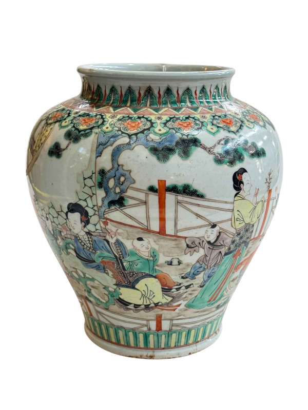 Large antique Chinese famille verte/rose vase with continuous decoration of female and boy figures, 30cm.