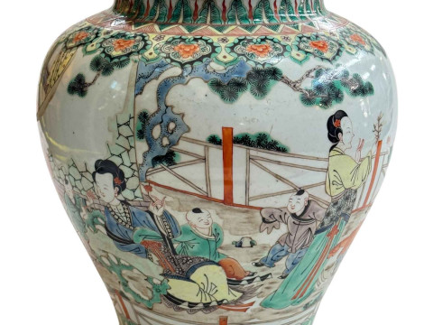 Large antique Chinese famille verte/rose vase with continuous decoration of female and boy figures, 30cm. thumbnail