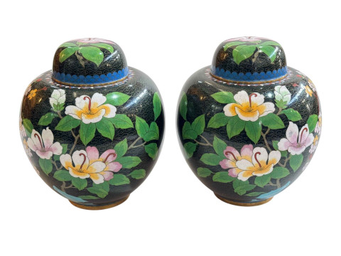 Pair large Cloisonné ginger jars and covers with flower decoration, 20.5cm.