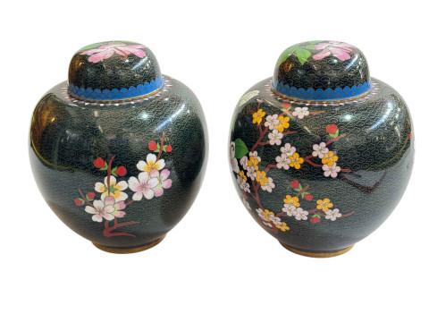 Pair large Cloisonné ginger jars and covers with flower decoration, 20.5cm. thumbnail