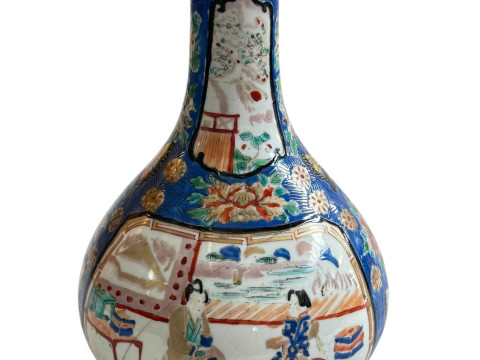 Japanese bottle vase with figural decorated panels on blue floral ground...