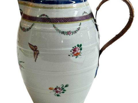 Antique Chinese porcelain barrel shaped cider jug with cane work handle,...