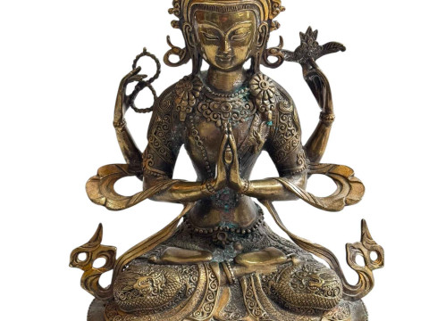 Tibetan Buddhism temple bronze gilt four arm Guanyi statue, 30cm.
