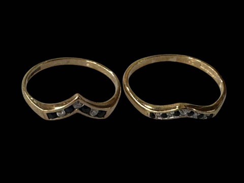 Two sapphire and diamond 9 carat gold wishbone rings, size S & T.