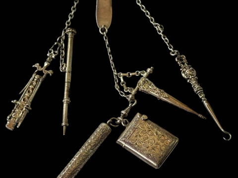 Edwardian silver chatelaine with vesta case, pencils, etc.