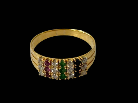 18 carat gold ring set with rubies, emeralds, sapphire and diamonds, size...